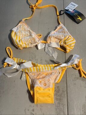 Yellow Stripe & Lace Bikini Set with Satin Bows